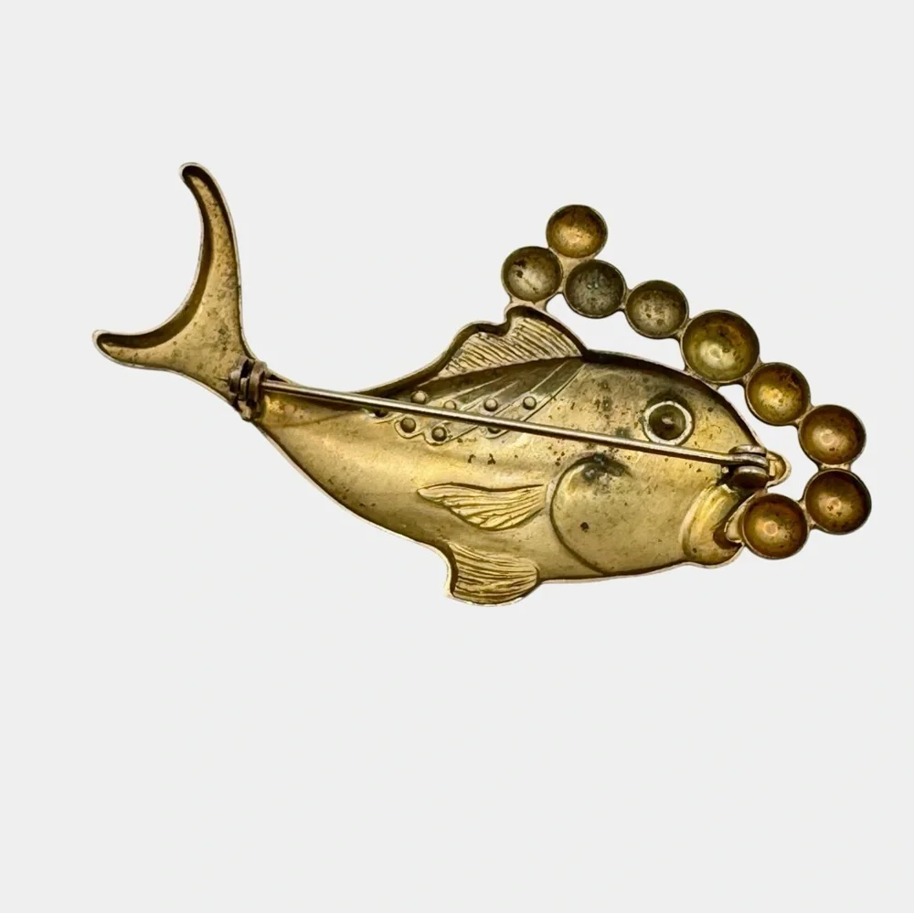 Vintage Gold Tone Fish Brooch Rhinestone & Pink Crystal Details MCM Figural Pin